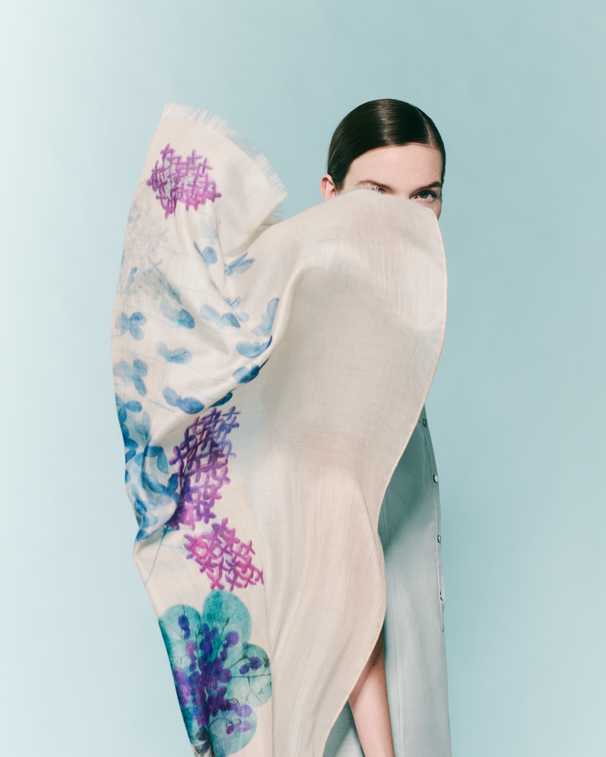 Designer Cashmere Scarf with Denim Blossom Print - blue - multicolor - pink #editorial