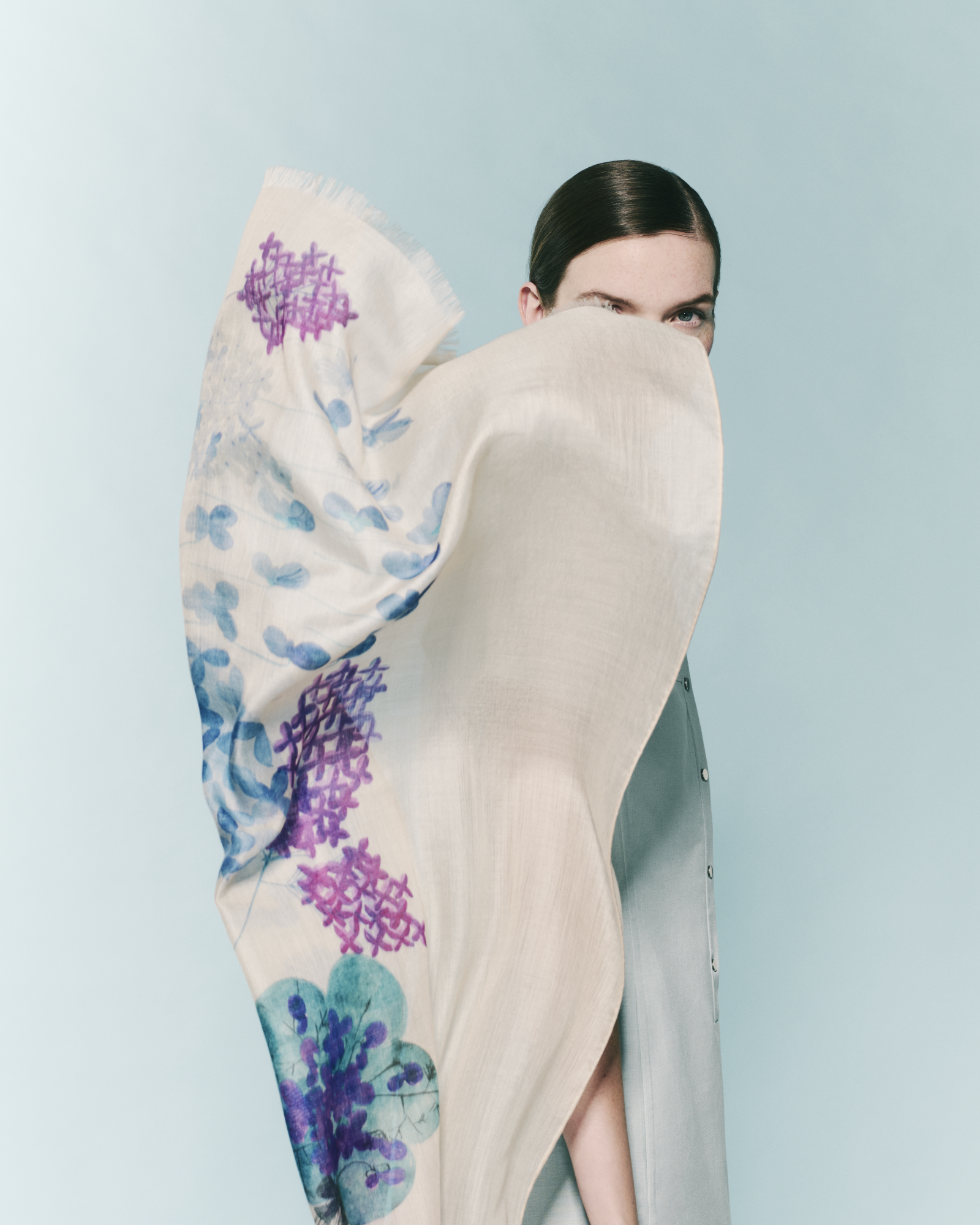 Designer Cashmere Scarf with Denim Blossom Print - blue - multicolor - pink 