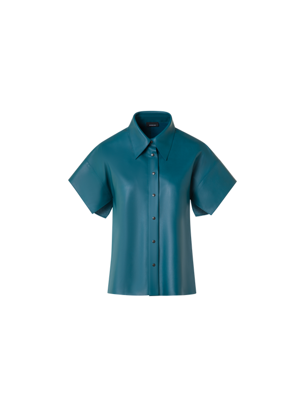 Designer Leather Blouse with Short Kimono Sleeves - green