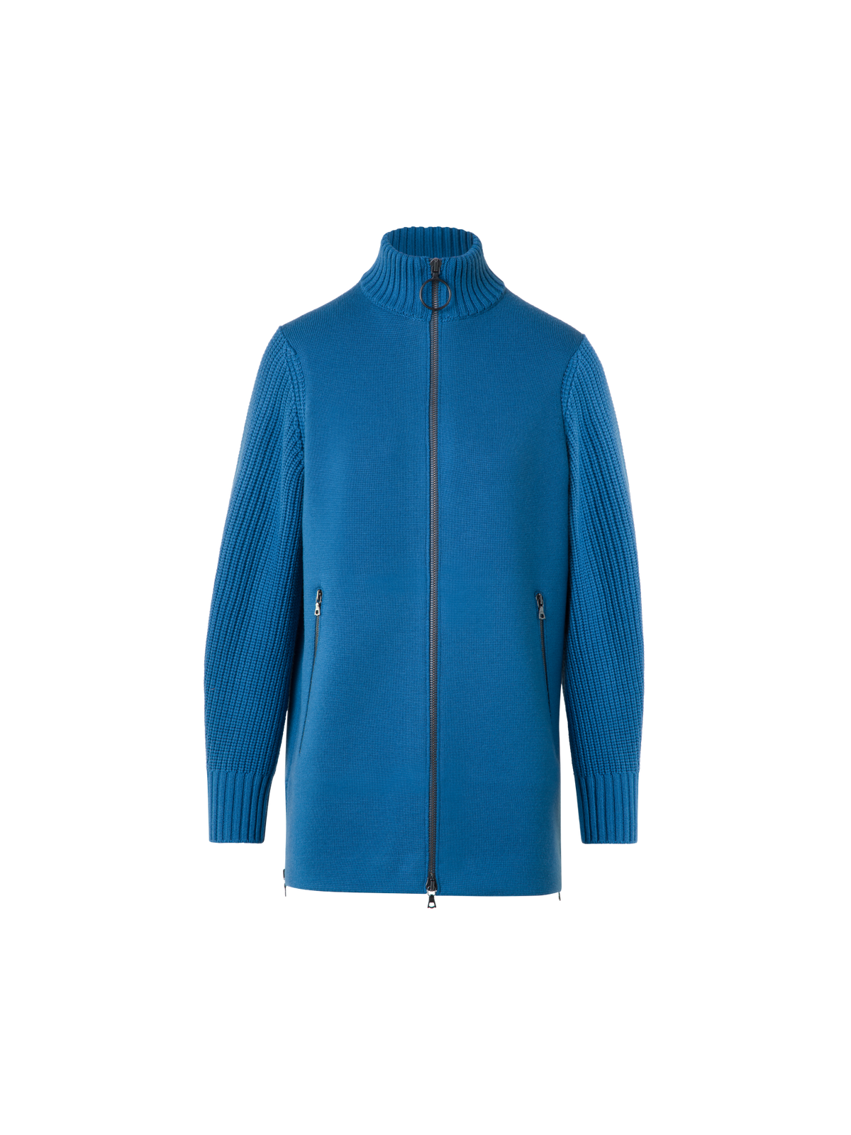 Designer Long Merino Knit Cardigan with Chunky Sleeves - blue