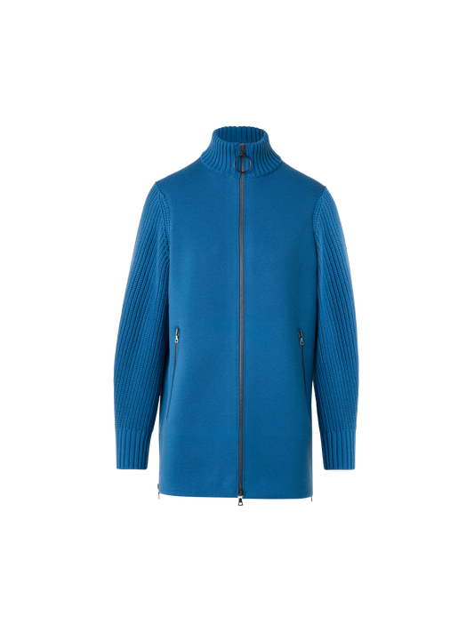 Designer Long Merino Knit Cardigan with Chunky Sleeves - blue