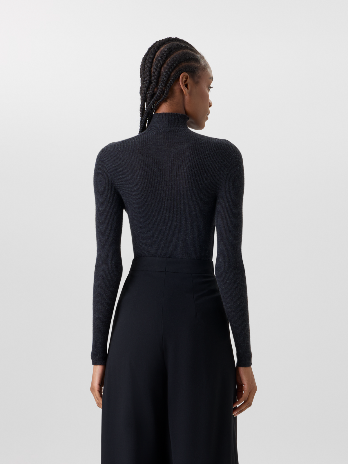 Designer Fine Rib Cashmere Silk Mock Neck Sweater - grey 
