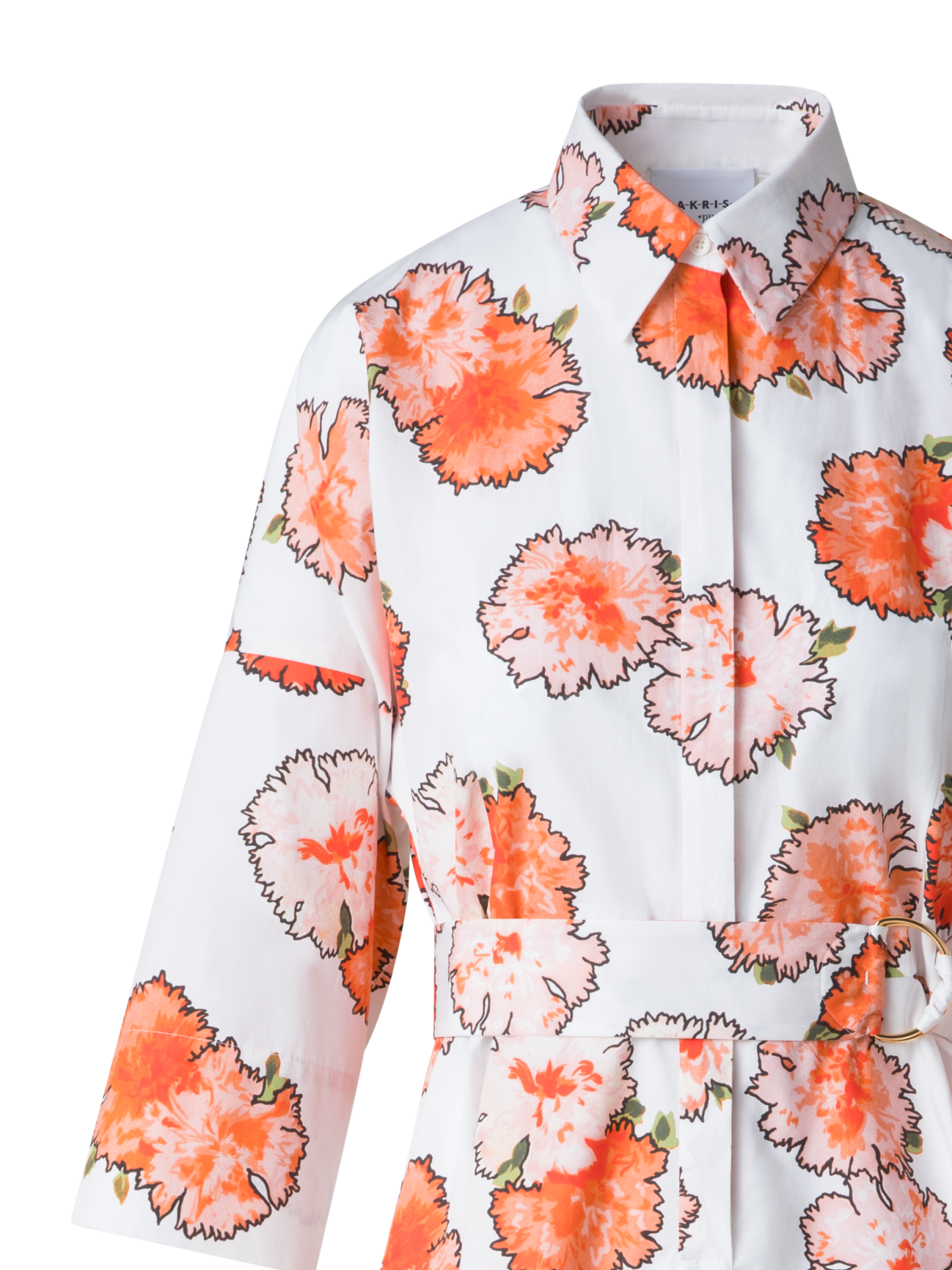 Designer Midi Shirt Dress with Floral Carnation Print - multicolor - orange