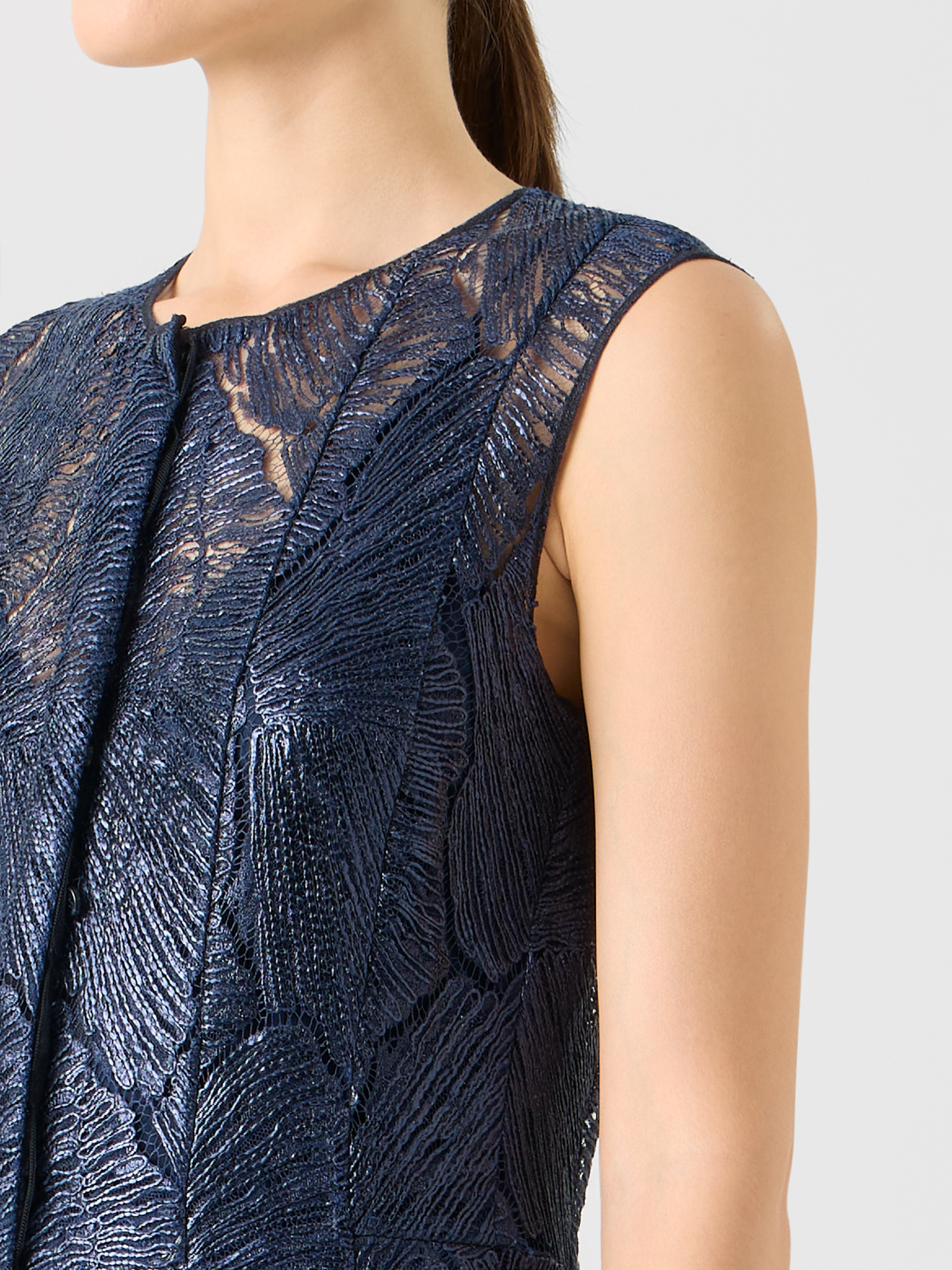 Designer Lacquered Sea Fan Lace Midi Dress - navy - blue 