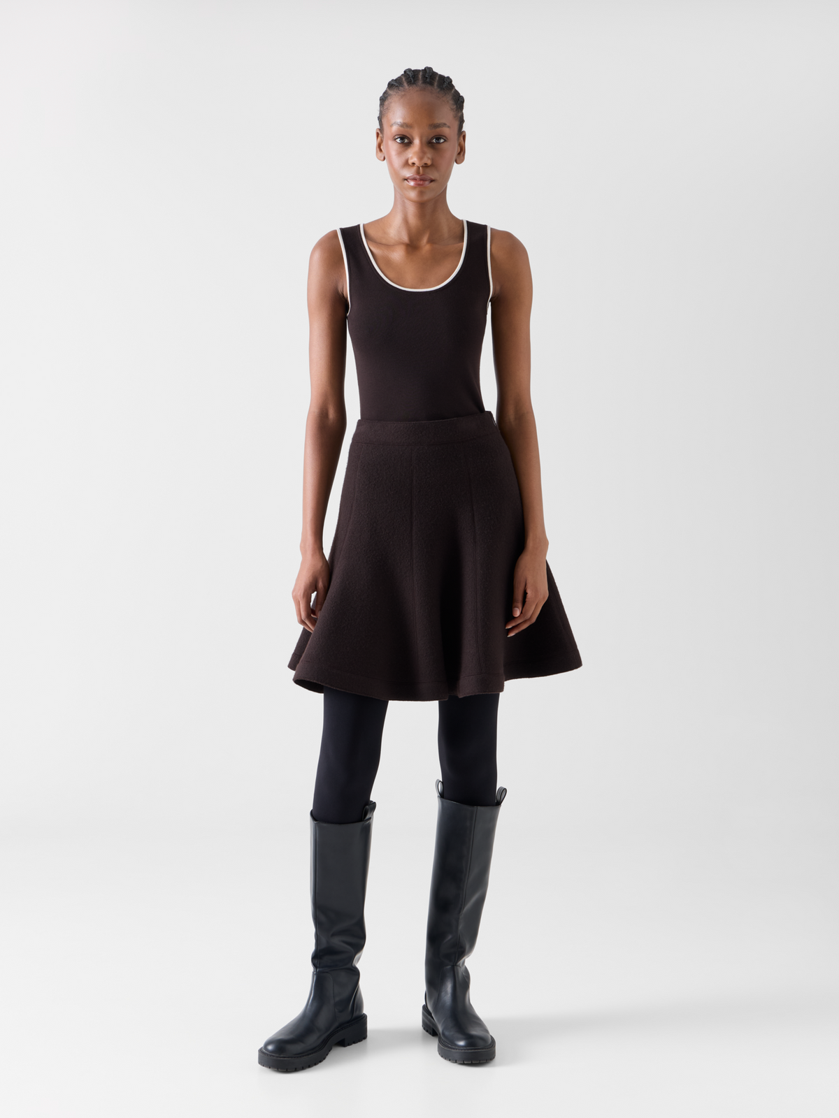 Designer Flared Skirt in Boiled Wool - brown 