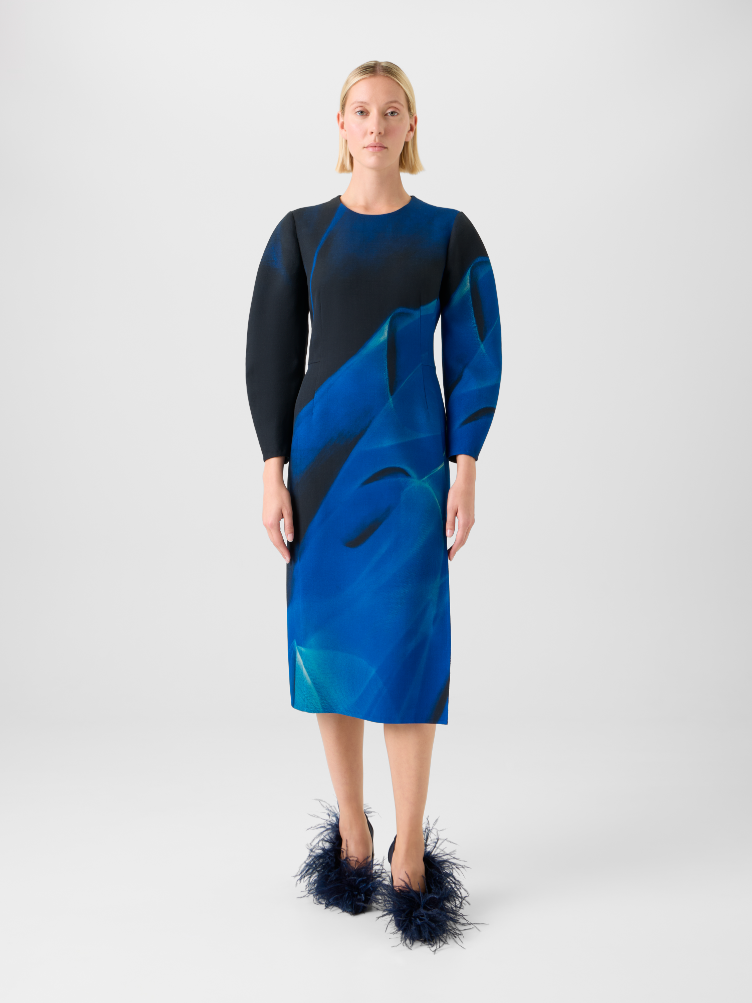 Designer Barrel Sleeve Dress in Alyson's Cyanotype Print - blue - multicolor 