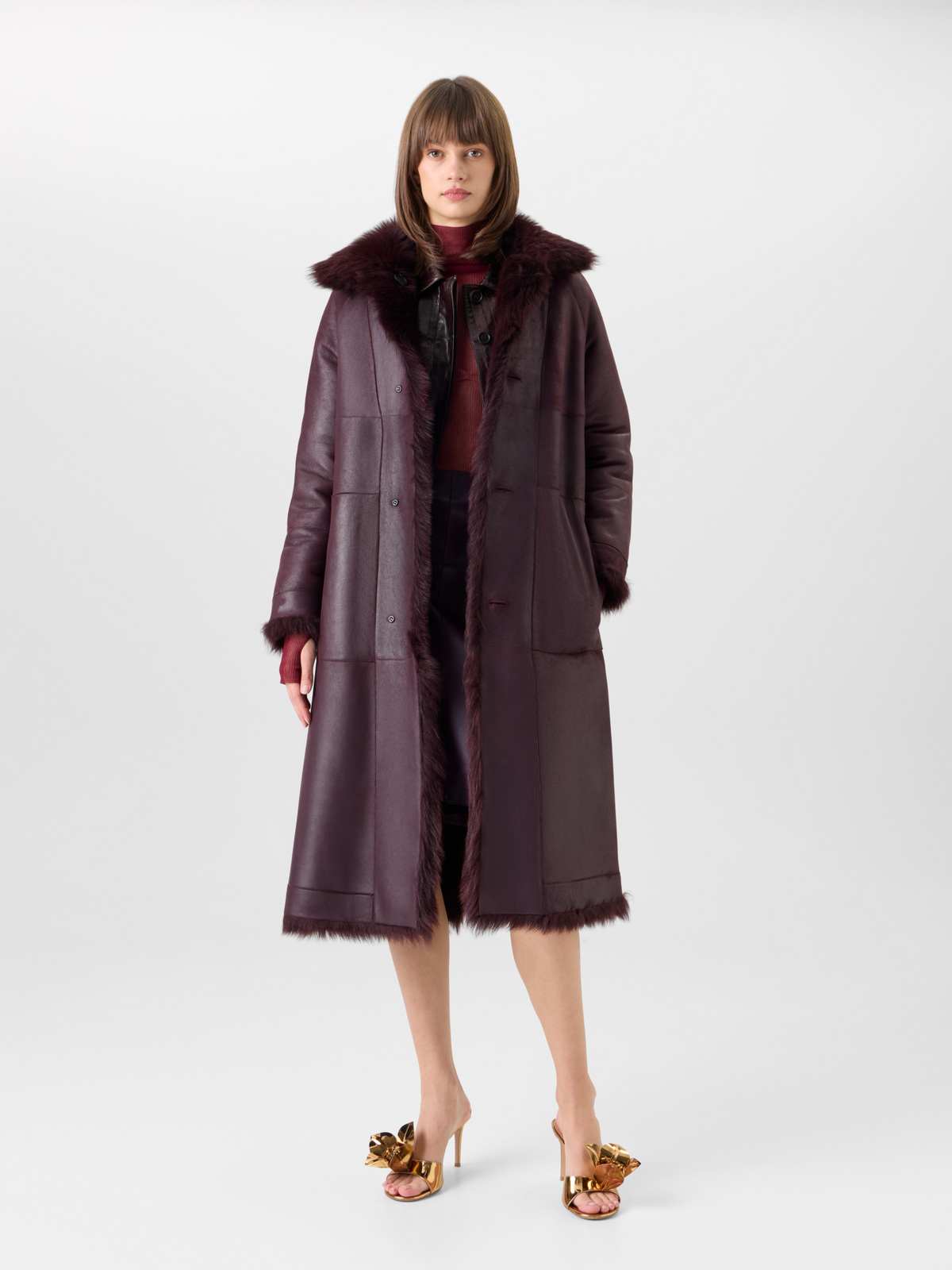 Designer Oversized Long Toscana Shearling Coat - red 