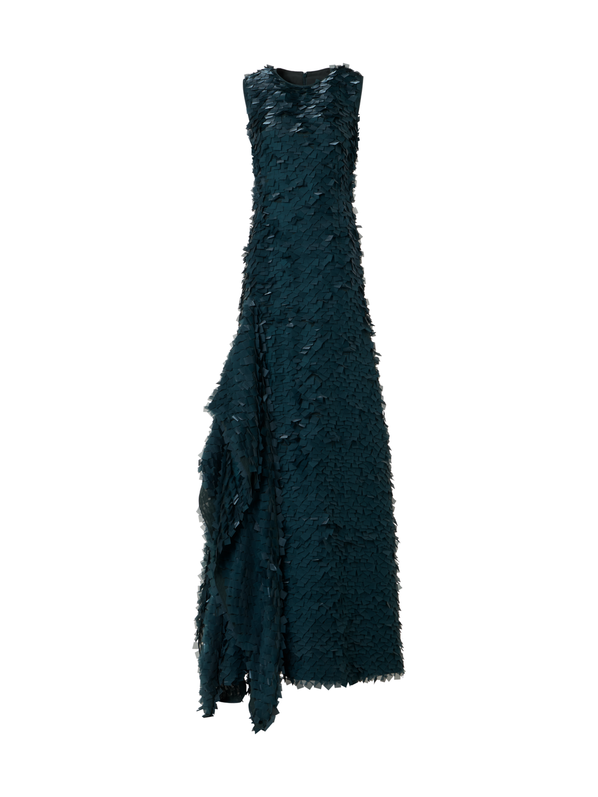 Designer Asymmetrical Gown in Layered Organza Tiles - green