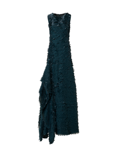 Designer Asymmetrical Gown in Layered Organza Tiles - green