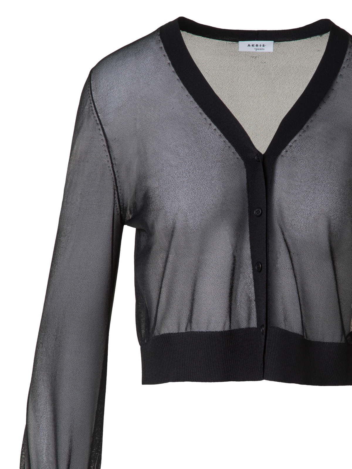 Designer Sheer Cropped Knit Cardigan with Volume Sleeves - black