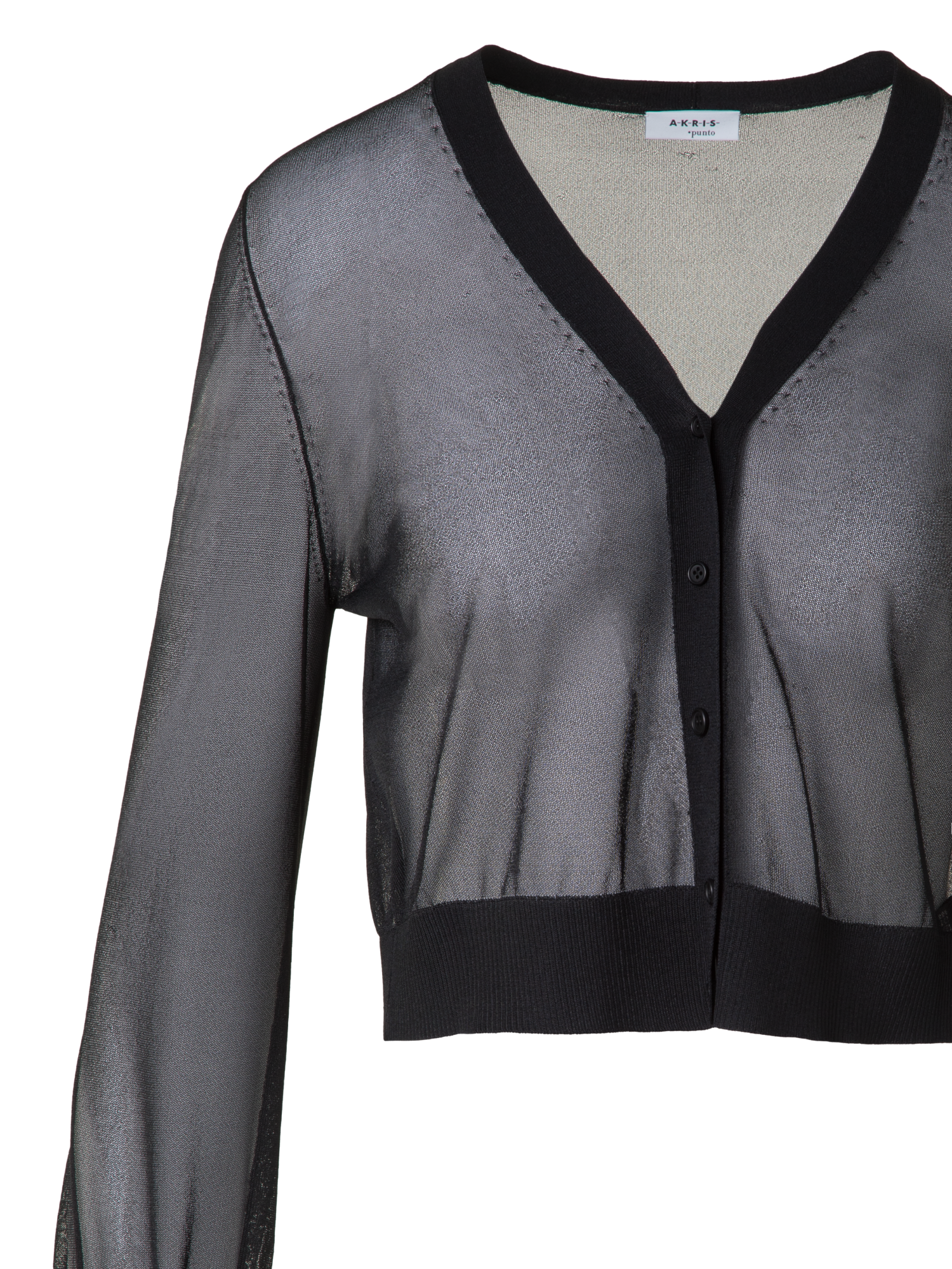 Designer Sheer Cropped Knit Cardigan with Volume Sleeves - black