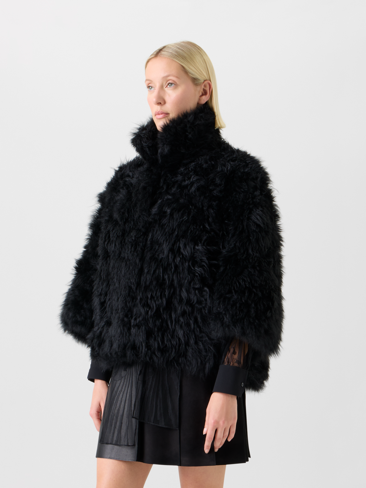 Designer Boxy Bracelet Sleeve Shearling Jacket - black - neutral #editorial