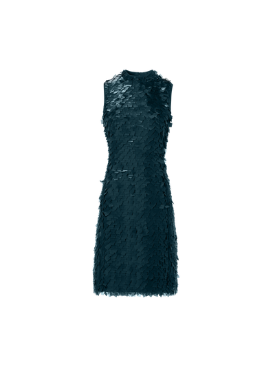 Designer Sleeveless Sheath Dress in Layered Organza Tiles - green