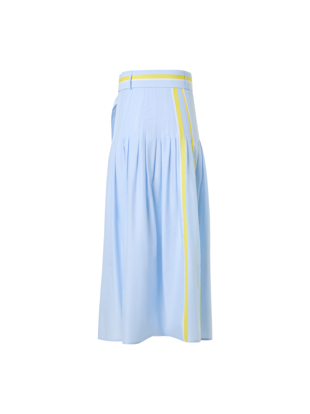 Designer Pleated Striped Cotton Chambray Midi Skirt with Belt - blue - multicolor