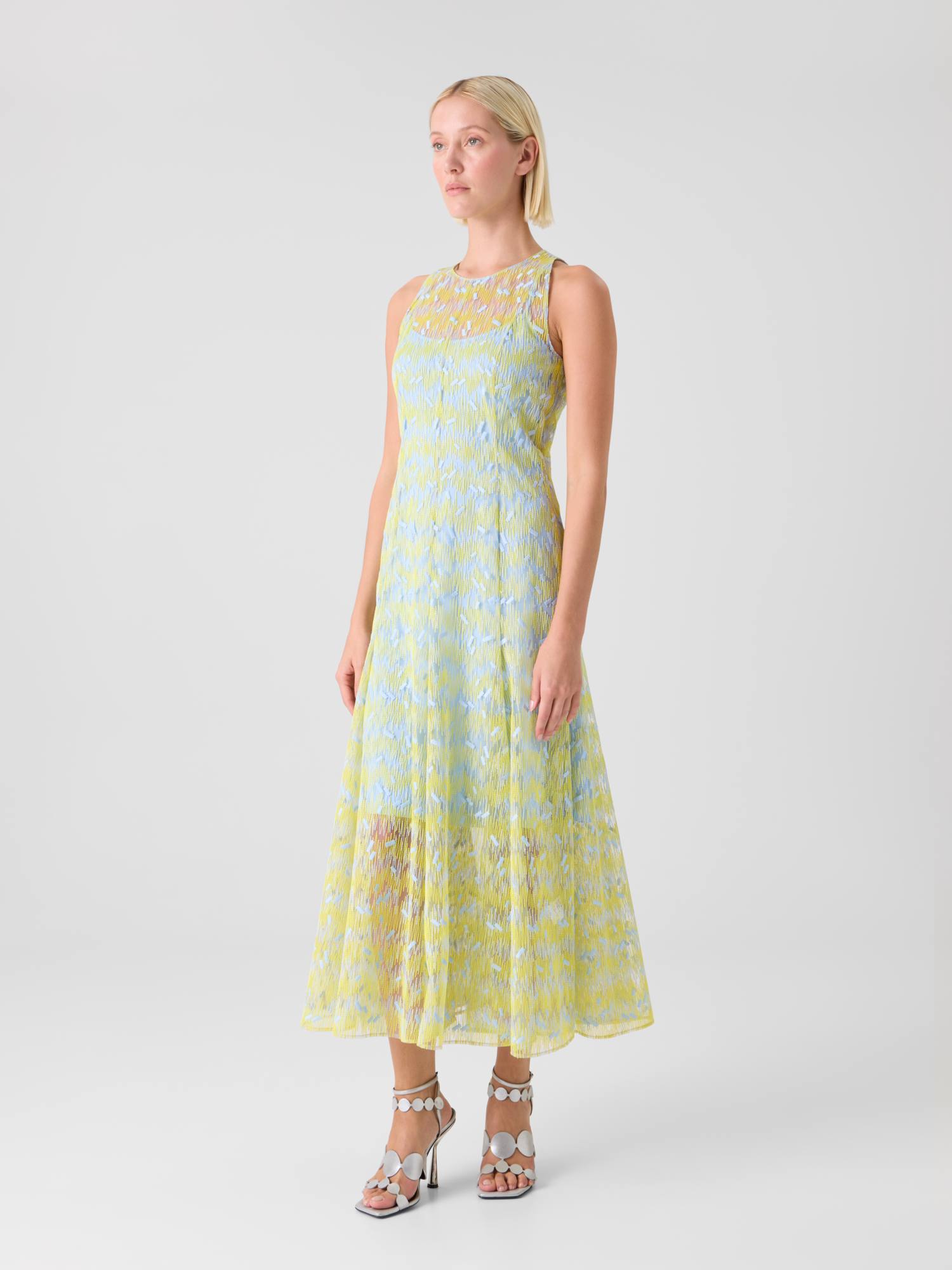 Designer Sheer Scribble Dot Embroidered Flared Midi Dress - blue - yellow 
