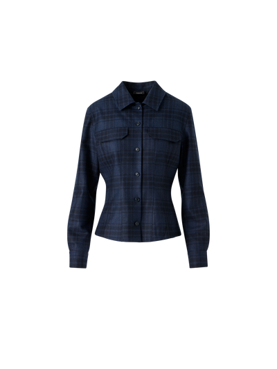 Designer Fitted Wool Flannel Plaid Shirt Blouse - neutral - navy - blue