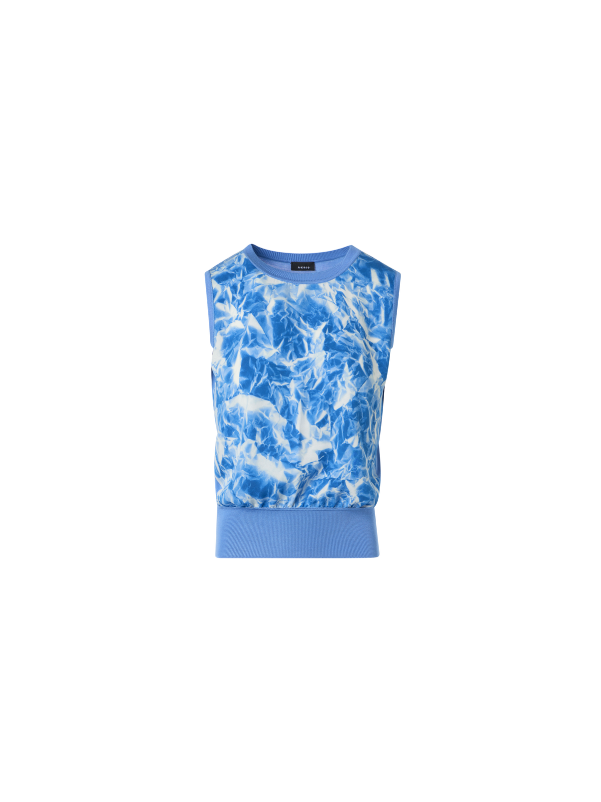 Designer Silk Knit Top with Whitecaps Print - blue