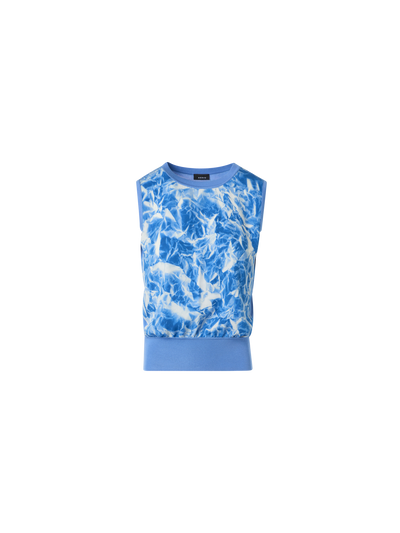 Designer Silk Knit Top with Whitecaps Print - blue