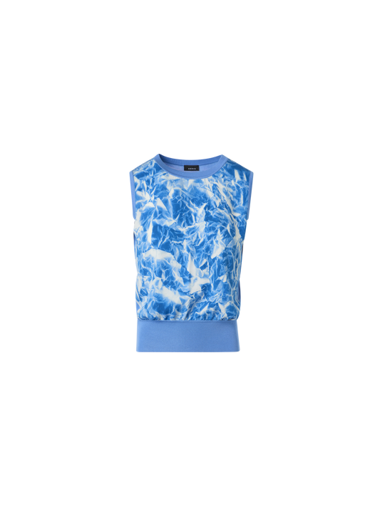 Designer Silk Knit Top with Whitecaps Print - blue