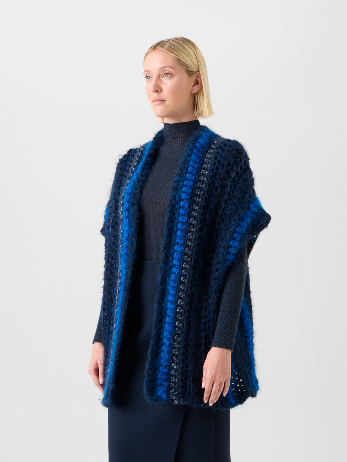 Designer Chunky Crocheted Cashmere Silk Striped Gilet - blue - multicolor #editorial