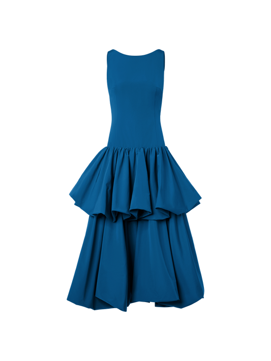 Designer Techno Taffeta Maxi Dress with Flounces - blue