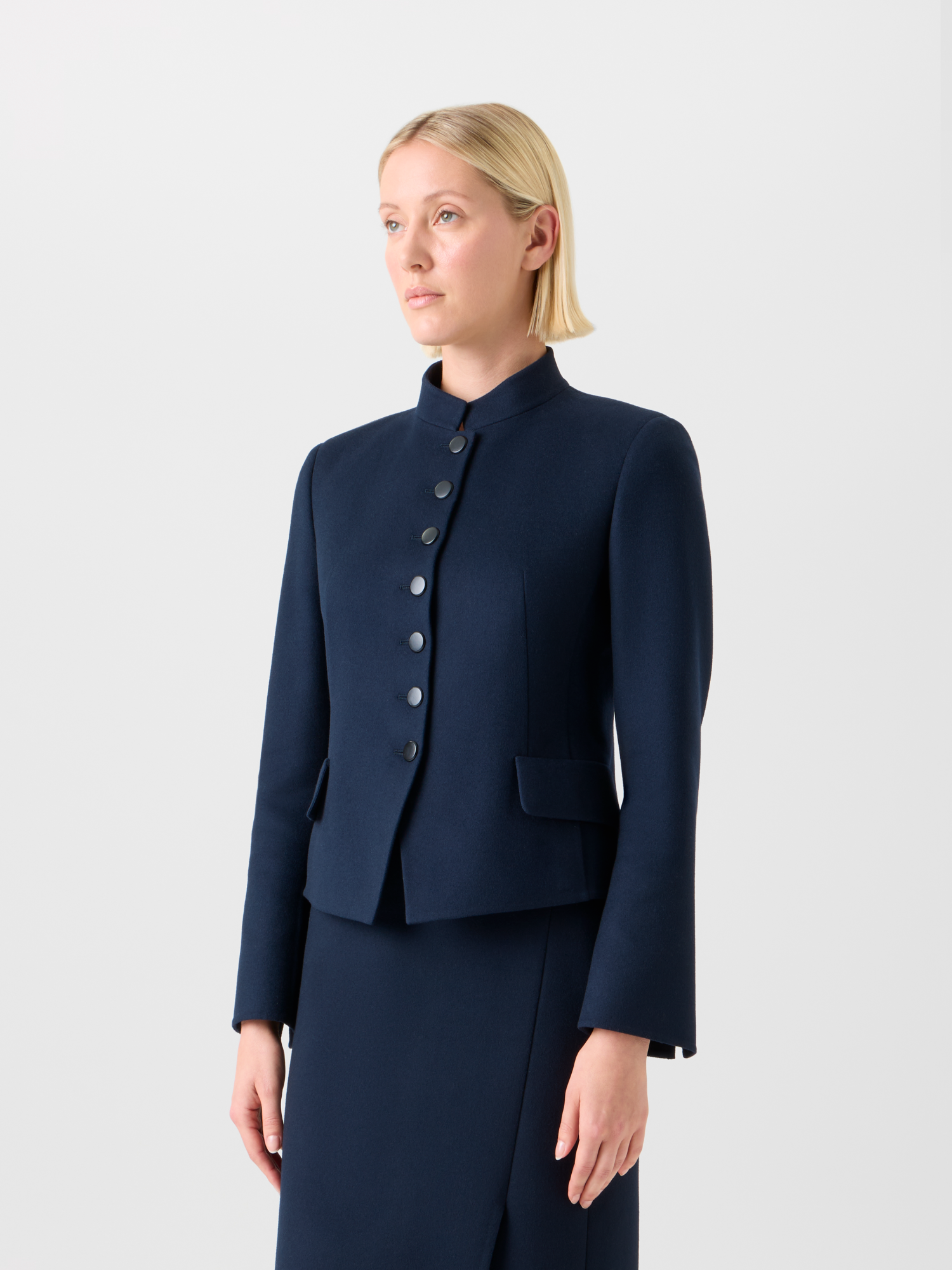 Designer Short Fitted Wool Flannel Double-Face Jacket - neutral - navy - blue 