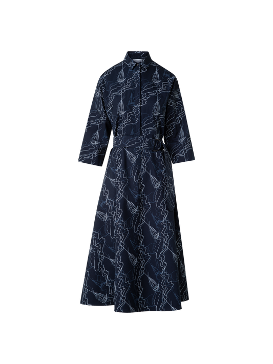 Designer Midi Shirt Dress in Cotton with Sailboat Print - navy - blue - multicolor
