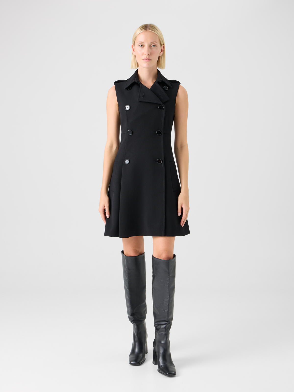 Designer Modern Trench Dress in Wool Tricotine - black #editorial