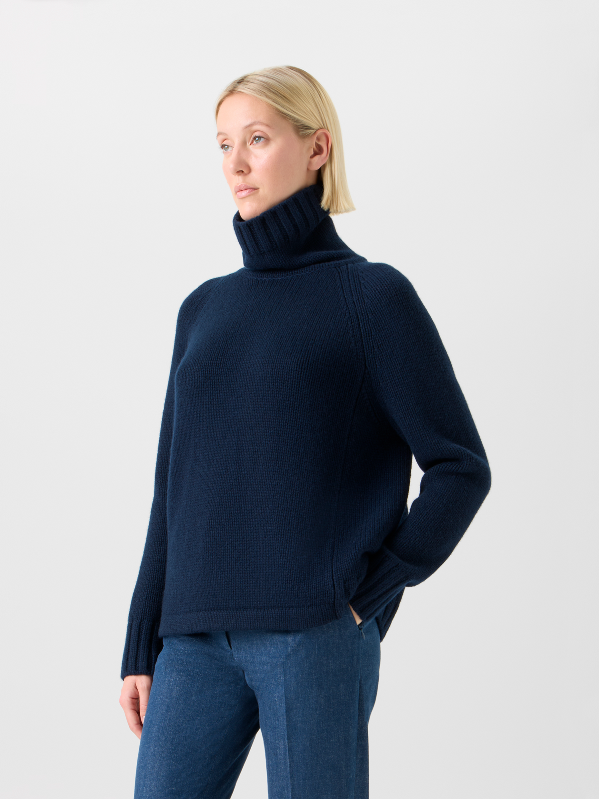 Designer Boxy Cashmere Turtle Neck Sweater - neutral - navy - blue #editorial