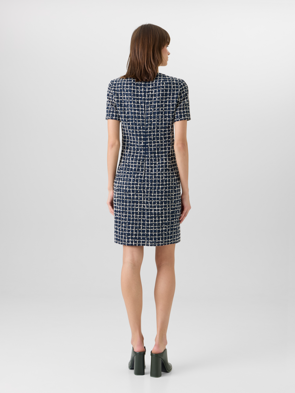 Designer Short-Sleeve Tweed Check Sheath Dress - blue #editorial