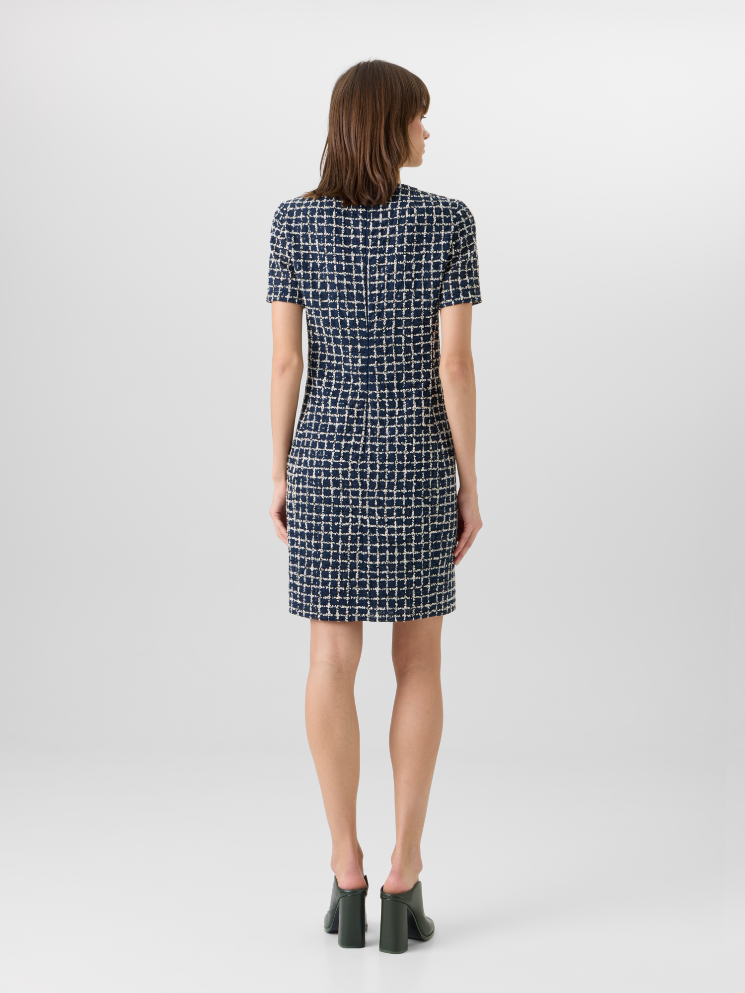Designer Short-Sleeve Tweed Check Sheath Dress - blue 