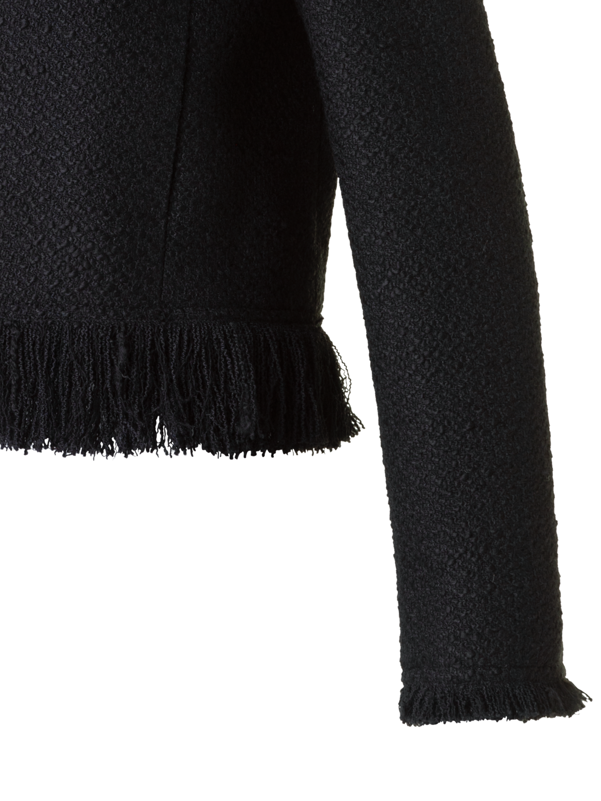 Designer Cropped Bouclé Tweed Jacket with Fringe Hem - black - neutral