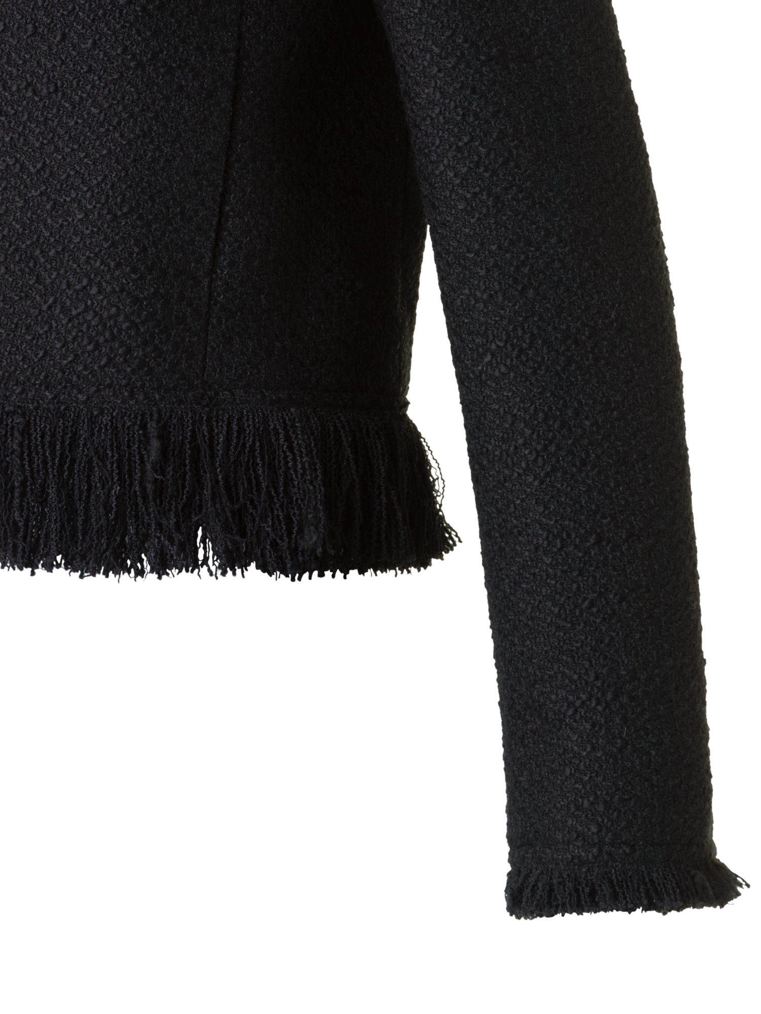 Designer Cropped Bouclé Tweed Jacket with Fringe Hem - black - neutral