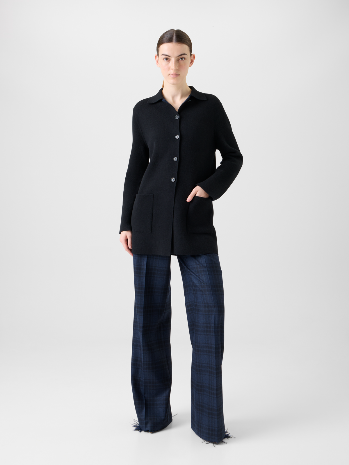 Designer Short Bi-Color A-Line Cashmere Double-Face Coat - neutral - navy - blue #editorial