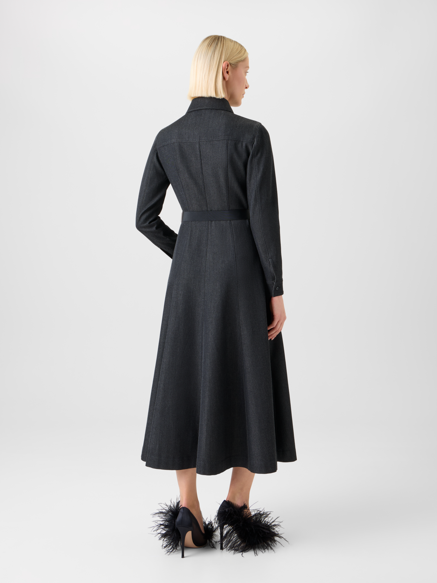 Designer Belted Stretch Cotton Denim Midi Shirt Dress - neutral - grey 