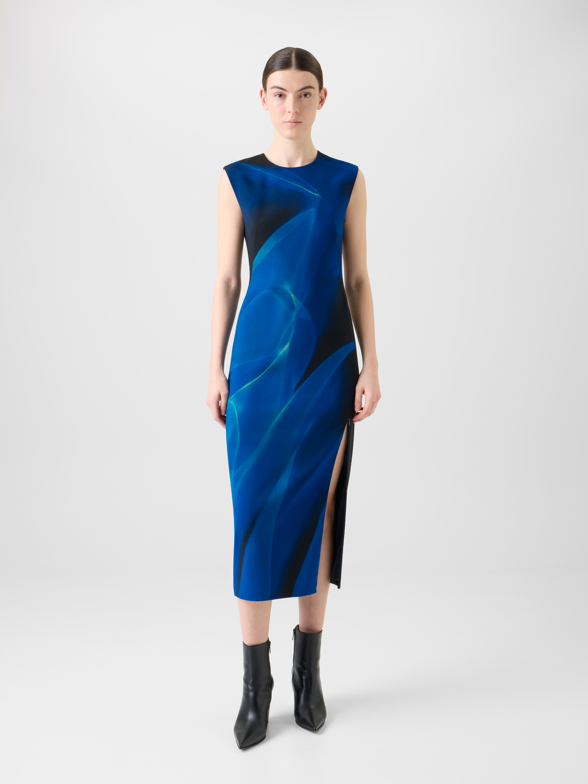 Designer Wool Shift Dress in Alyson's Cyanotype Print - blue - multicolor #editorial