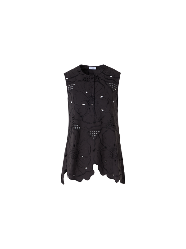 Designer Sleeveless Flower Eyelet Tunic Blouse - black