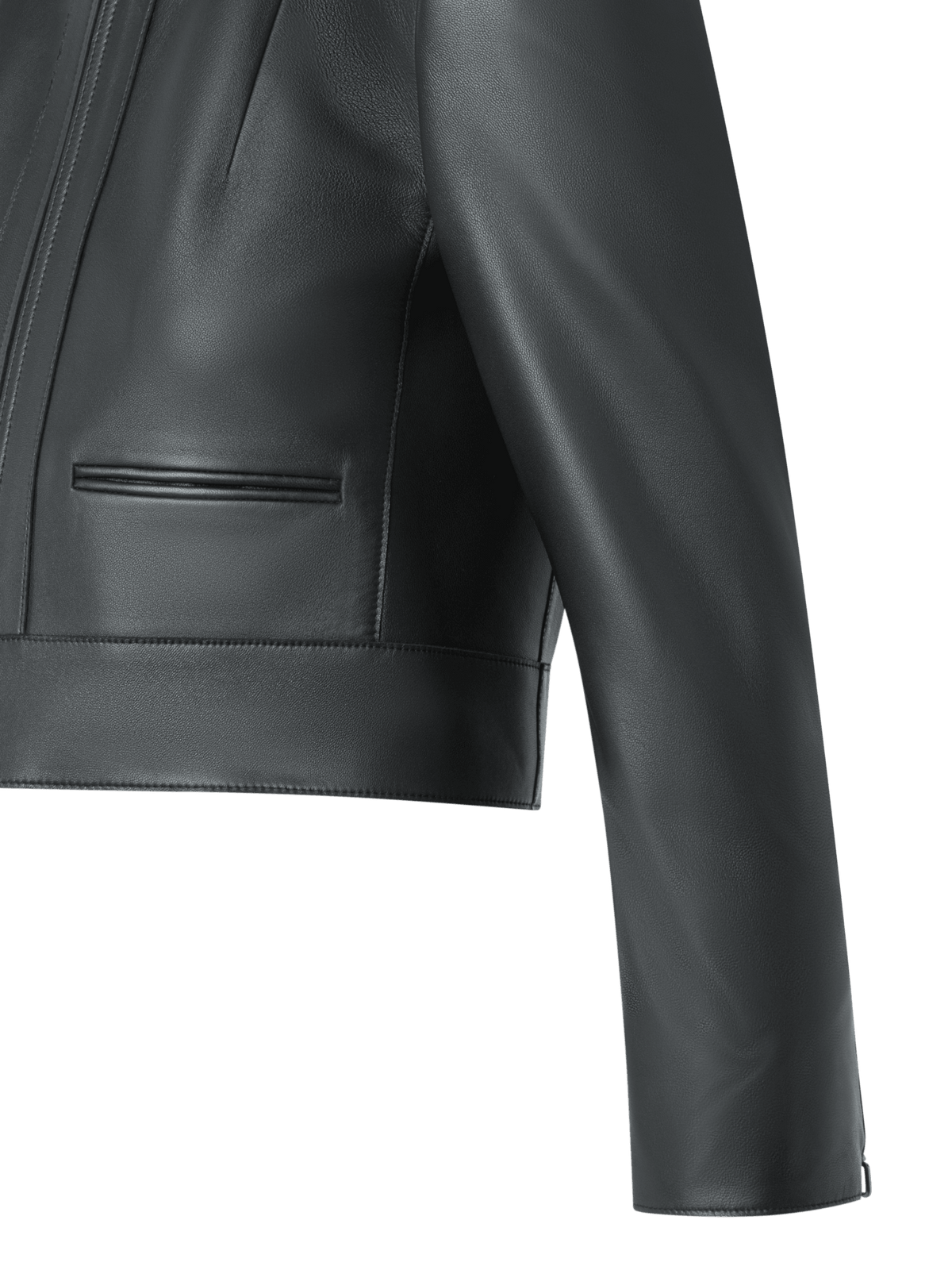 Designer Cropped Leather Jacket with Crew Neck - black - neutral