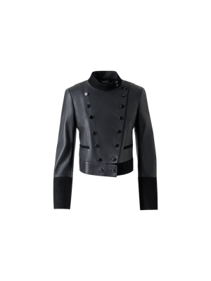 Designer Short Fitted Double-Breasted Leather Jacket - black - neutral