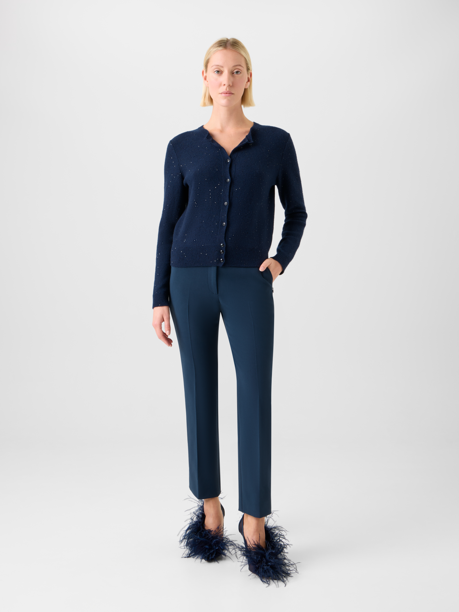 Designer Sequin Wool Cashmere Knit Cardigan - neutral - navy - blue 