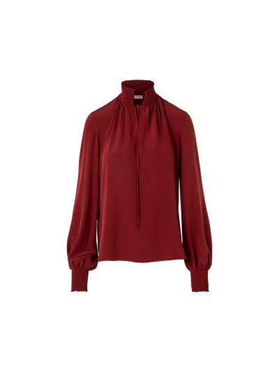 Designer Boho Silk Crêpe Blouse with Smocked Details - wine - red