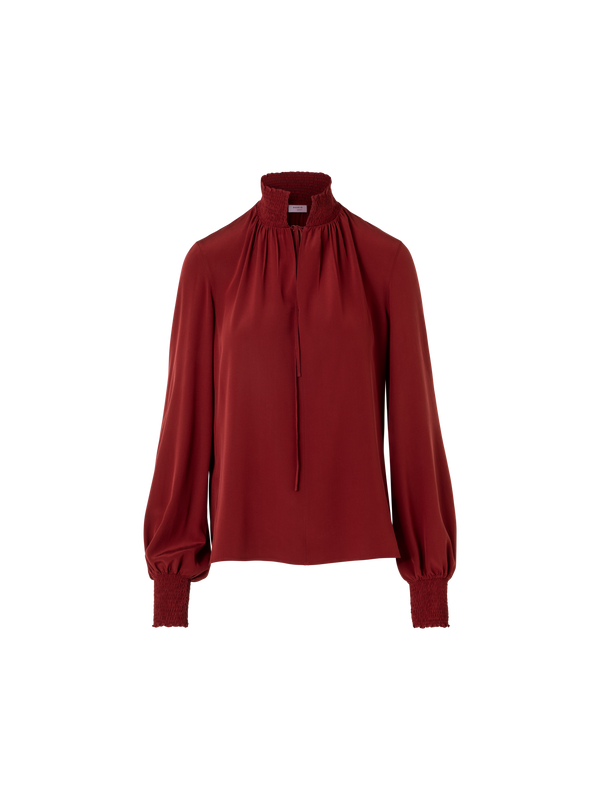 Designer Boho Silk Crêpe Blouse with Smocked Details - wine - red