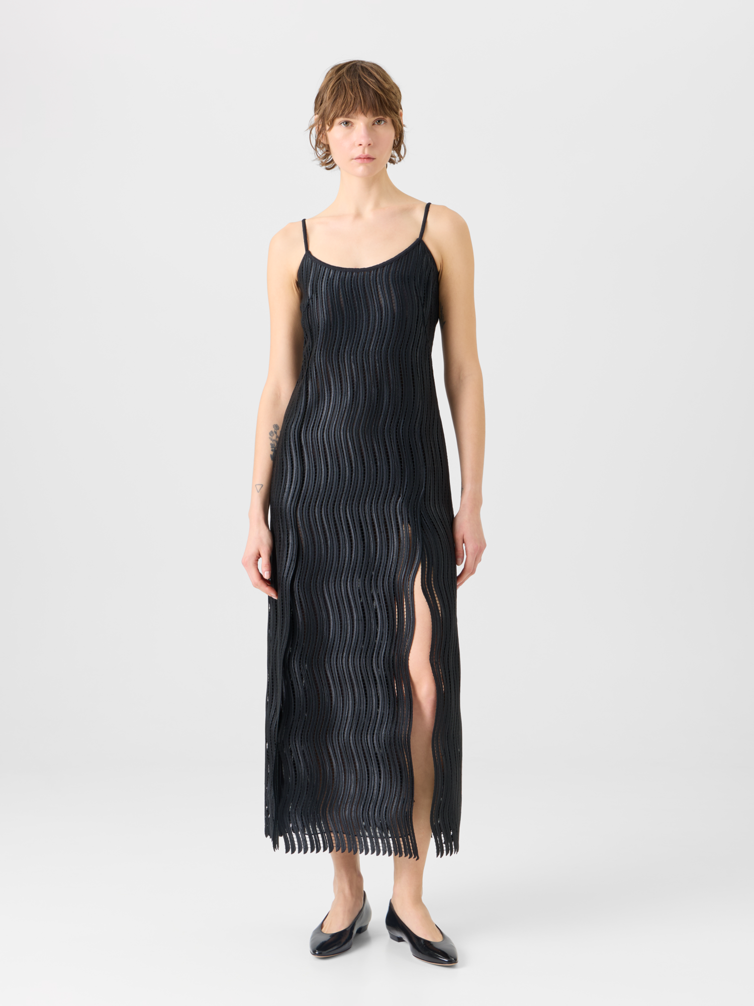 Designer Strap Midi Dress in Wave Guipure - black 