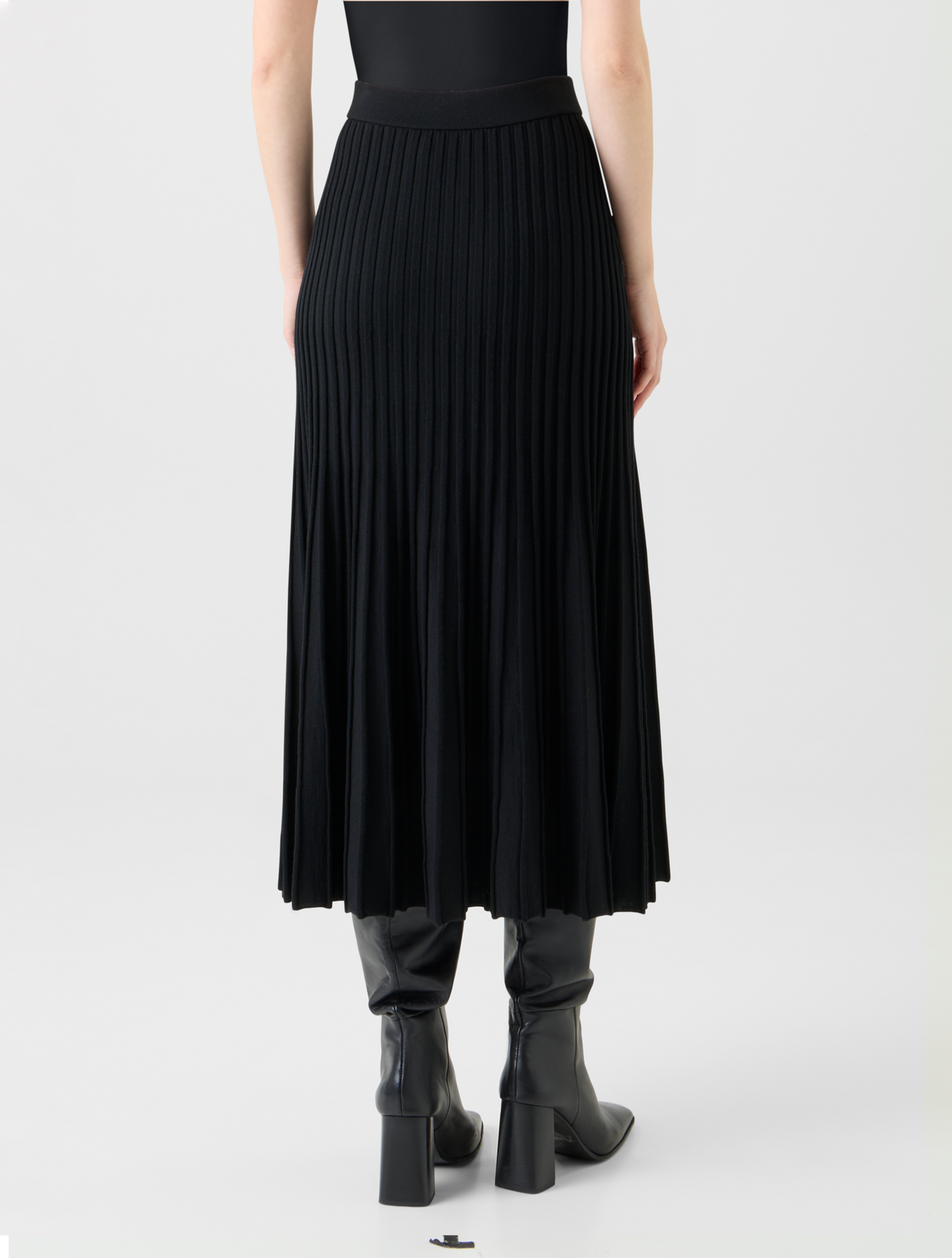 Designer A-Line Merino Wool Rib Knit Pleated Midi Skirt - black - neutral #editorial
