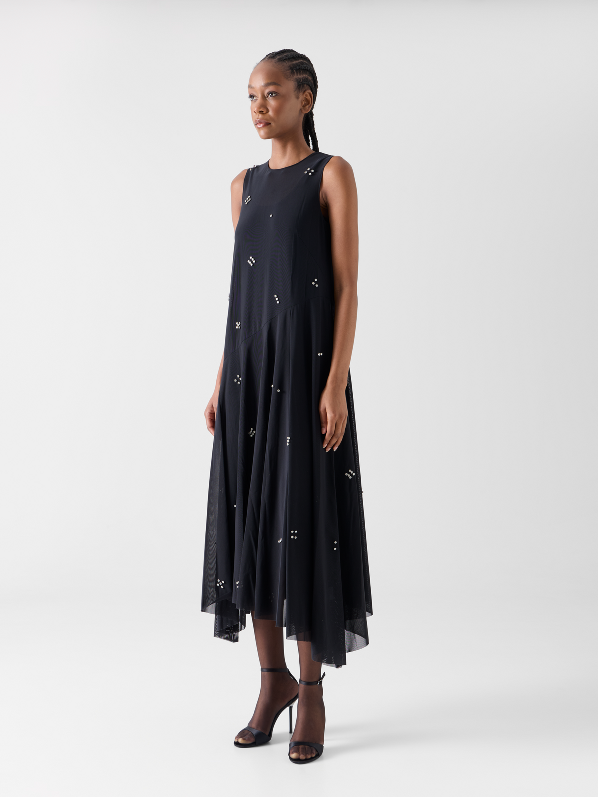 Designer Midi Tulle Dress with Diamond Dice Embellishment - black #editorial