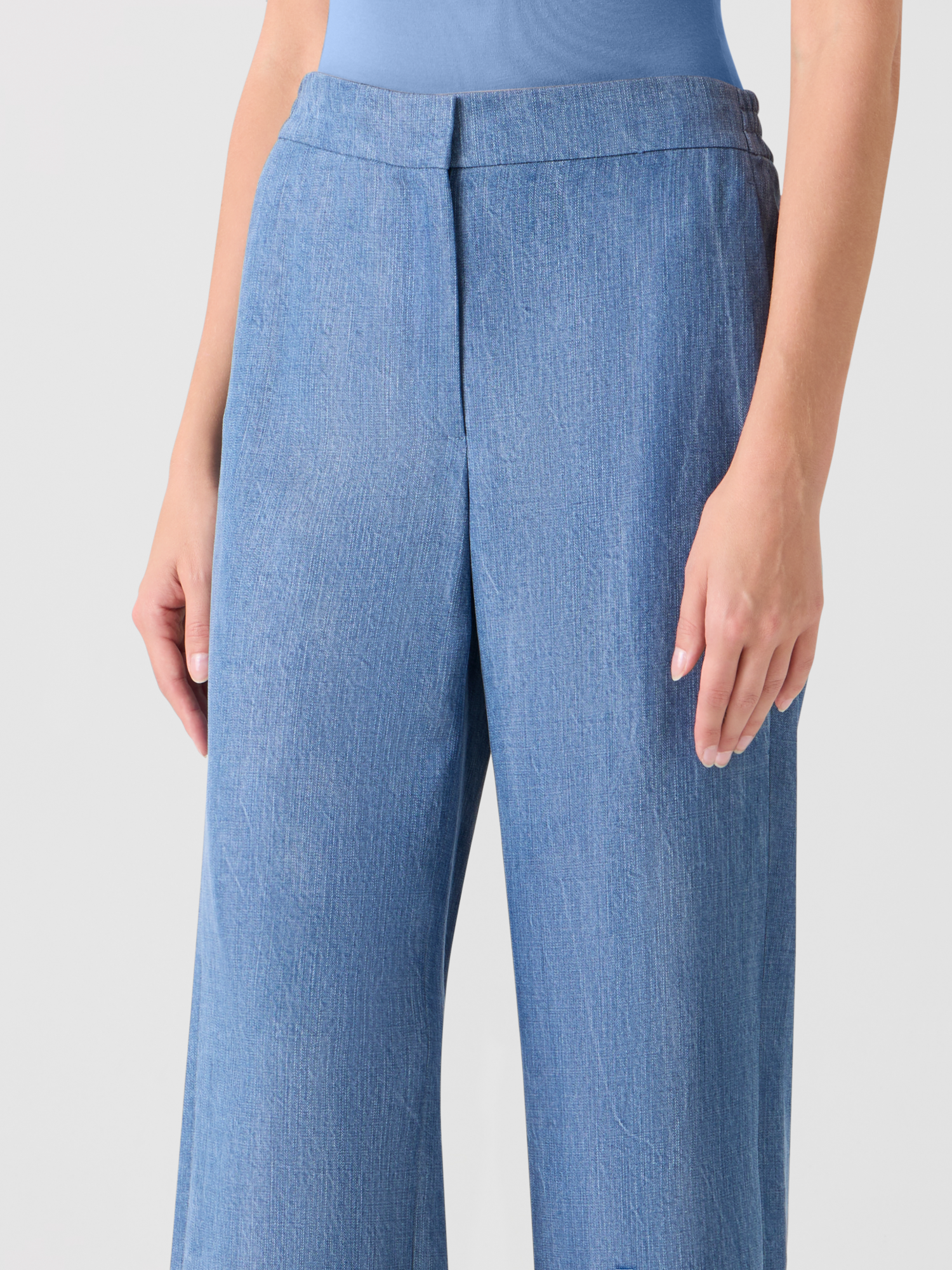 Designer Marlon High Waist Denim Cropped Pants with Eyelet Guipure - blue