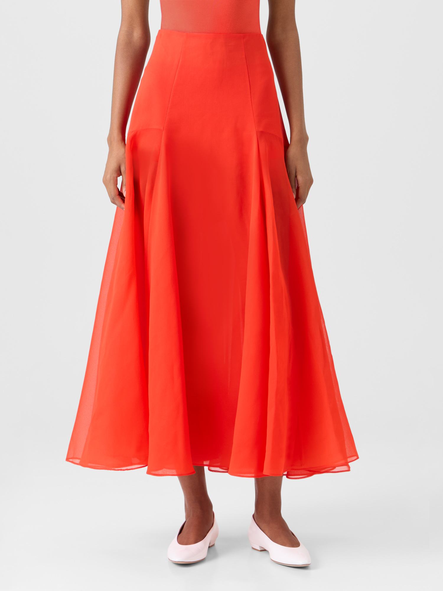 Designer Flared Midi Skirt in Silk Organza - red 