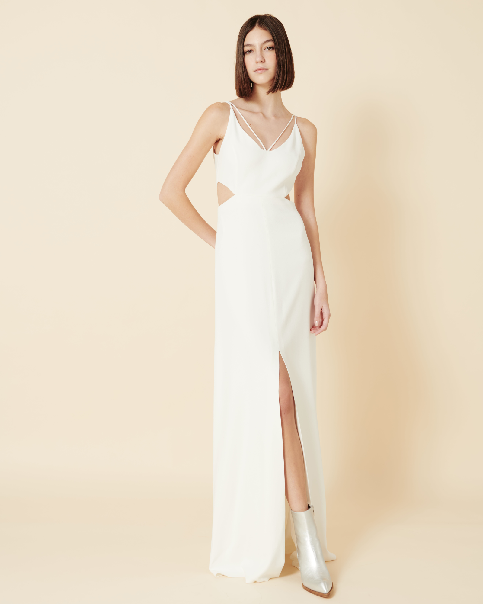 Designer Long Evening Dress with Side Cut Outs - ecru - white 