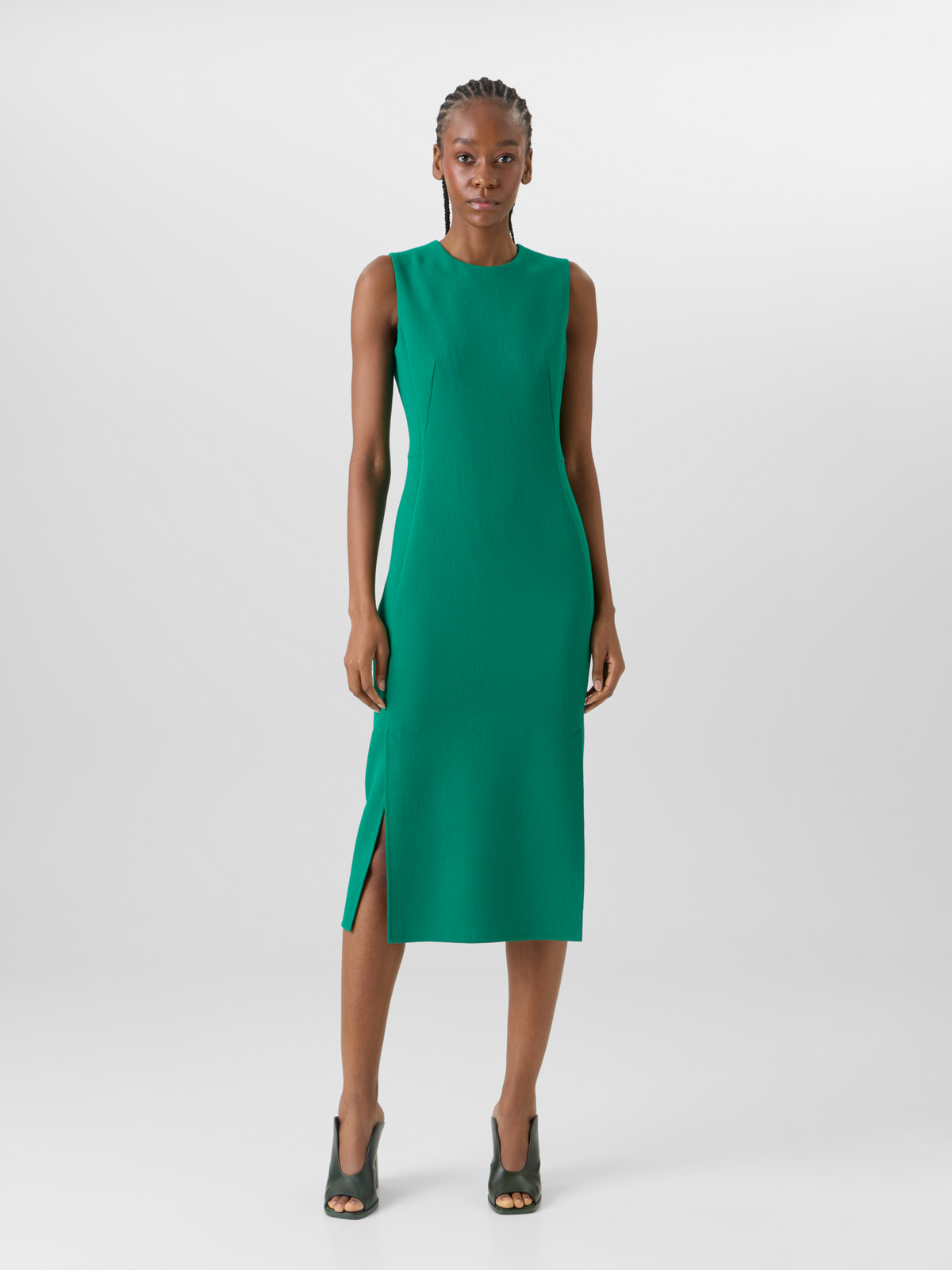 Designer Sleeveless Wool-Crêpe Double-Face Sheath Dress - green #editorial