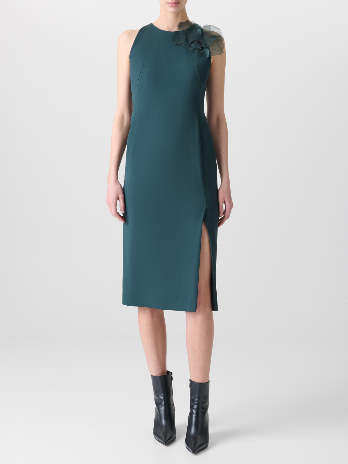 Designer Silk Dress with 3D Anemone - green